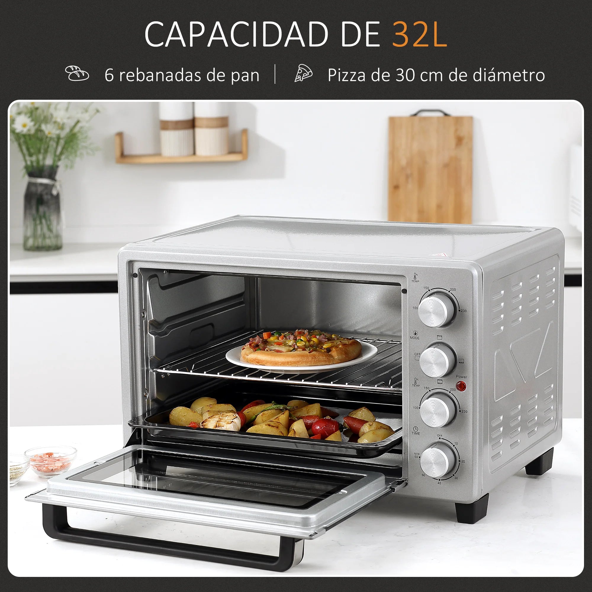 Homcom Mini Electric Oven 32L 1600W 52.2X38.1X33.5 cm Silver
