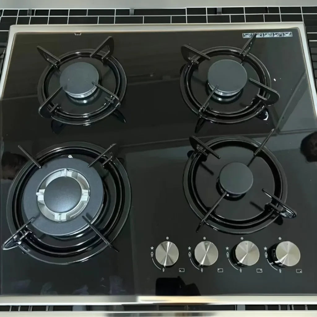 4 Gas Burners Stove, 600W, Oven Convection, One-Piece Tempered Glass Kitchen Rack For Home RV, Use Manual, Free-Standing