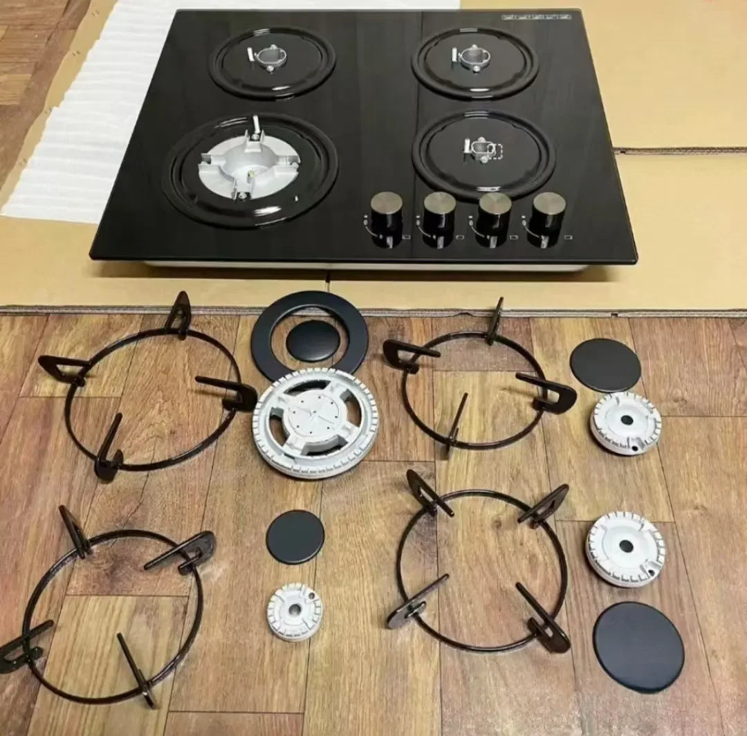 4 Gas Burners Stove, 600W, Oven Convection, One-Piece Tempered Glass Kitchen Rack For Home RV, Use Manual, Free-Standing